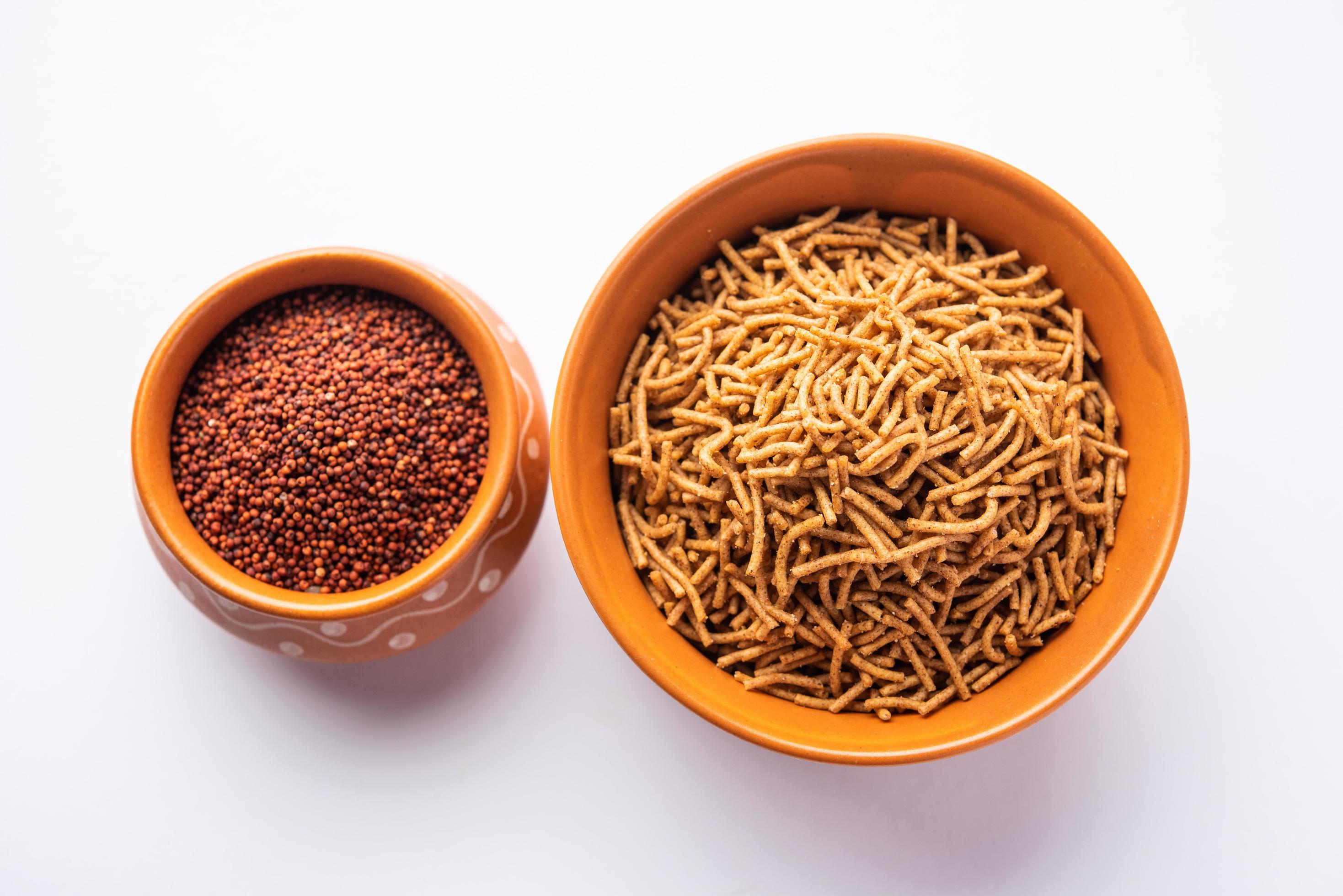 Nachni or Ragi Sev is a delicious crispy noodle made from finger millets, healthy Indian food Stock Free