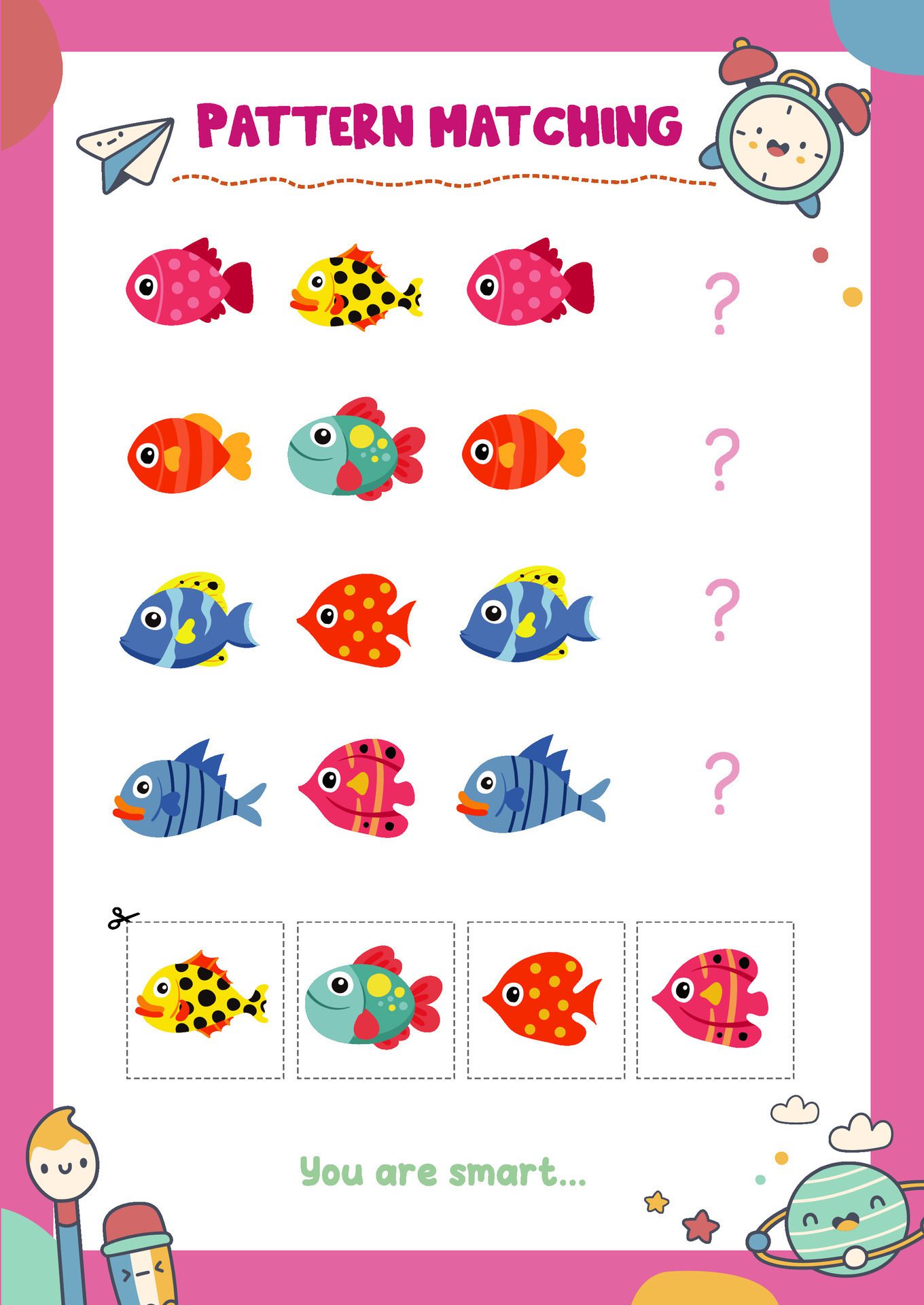 Matching pictures to patterns. Activity worksheet Free Vector