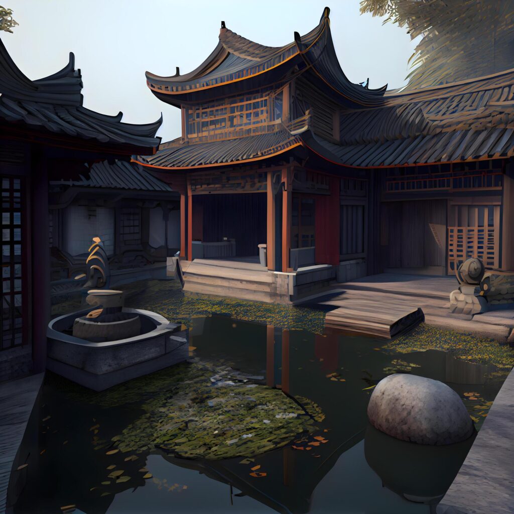 Chinese traditional houses on the water in the evening, 3d render, Image Stock Free