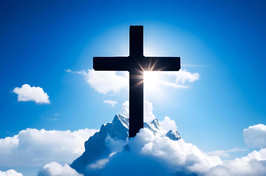 cross sits on the mountaintop, with a bright sky and cloud background.generate ai Free Photo