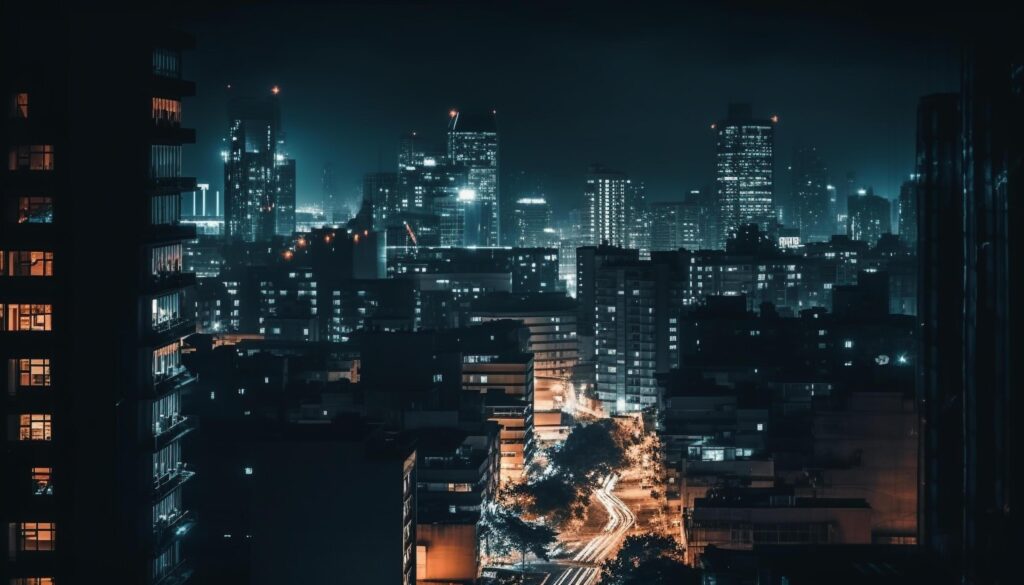 Beijing modern skyline glows with abstract multi colored skyscrapers at dusk Stock Free