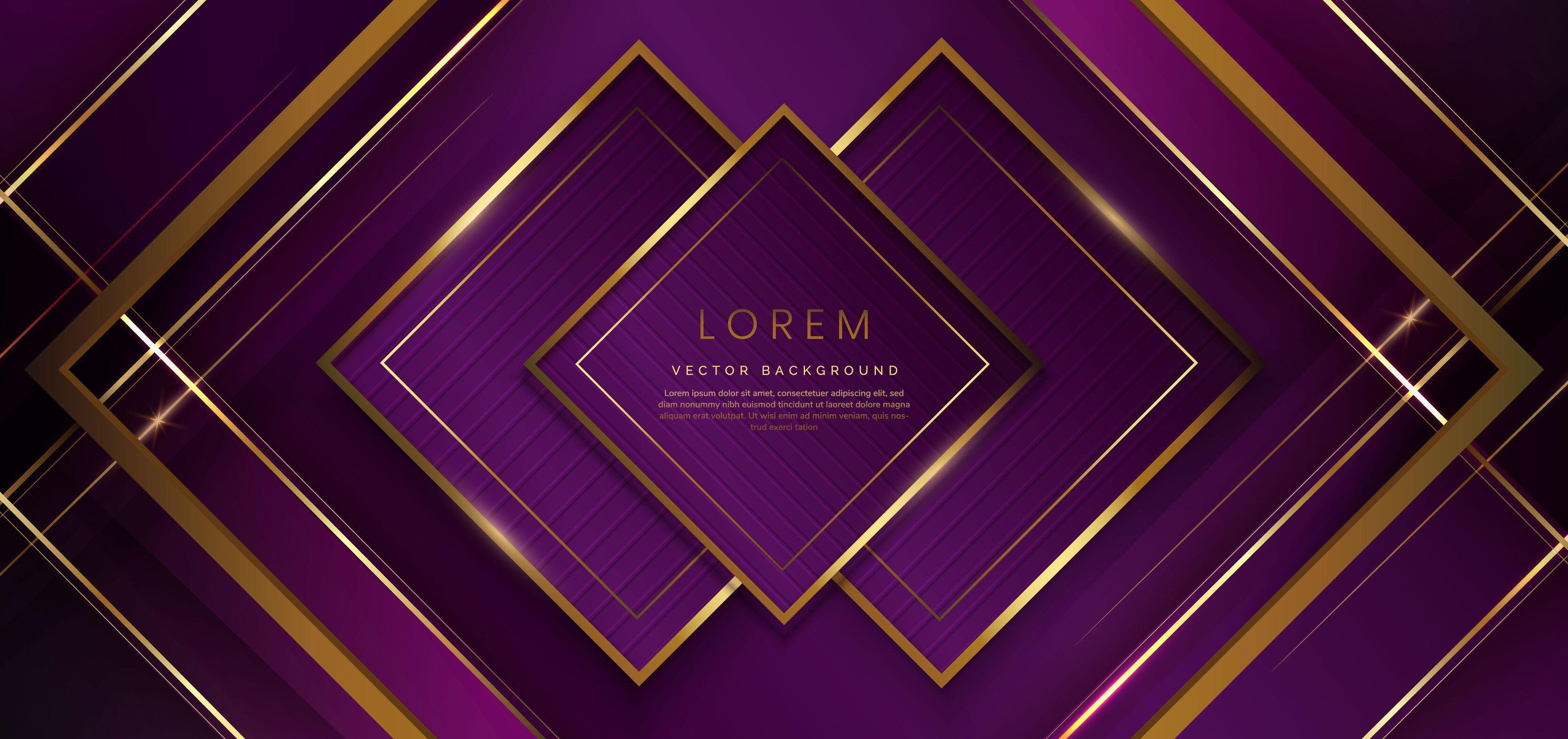 Abstract 3d modern luxury template violet color and gold arrow background with golden glitter line light sparkle. Frame square concept. Stock Free