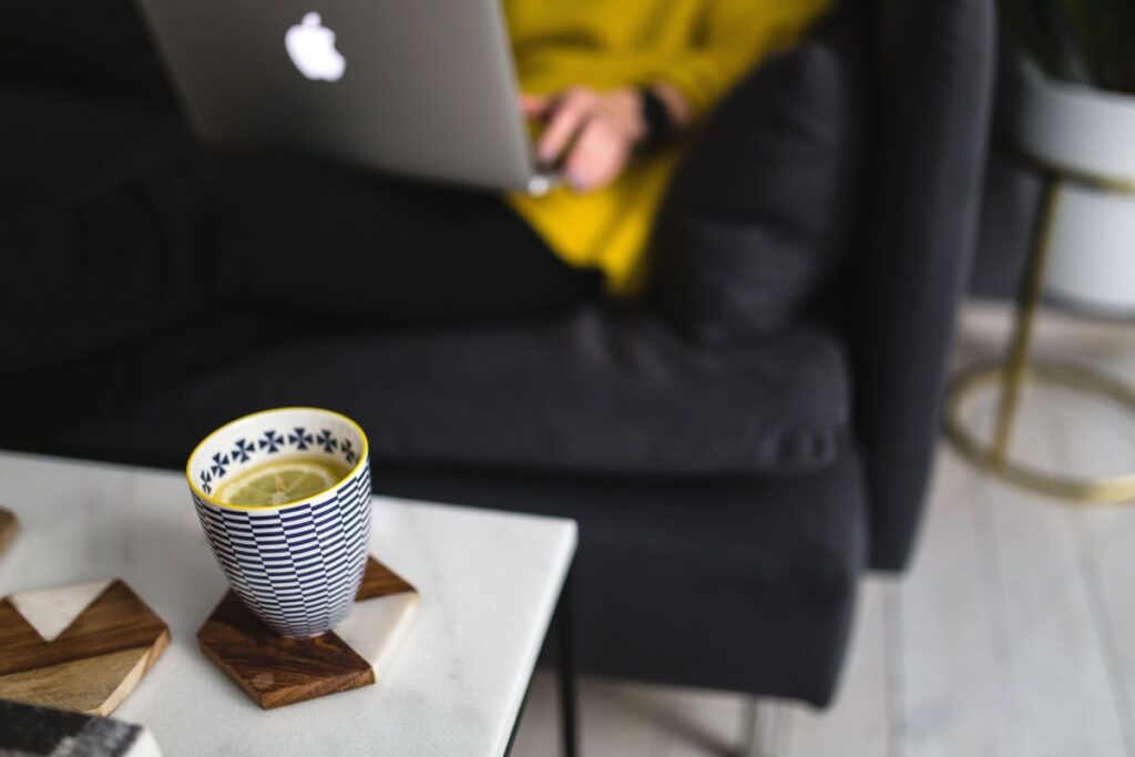 Young woman sitting on the sofa and working on her laptop Stock Free