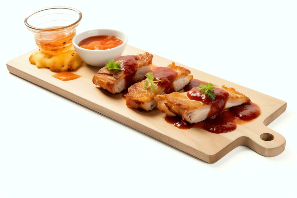 Pork belly braaivleis with mango and chili sauce served on a wooden plank. Restaurant food concept by AI Generated Stock Free