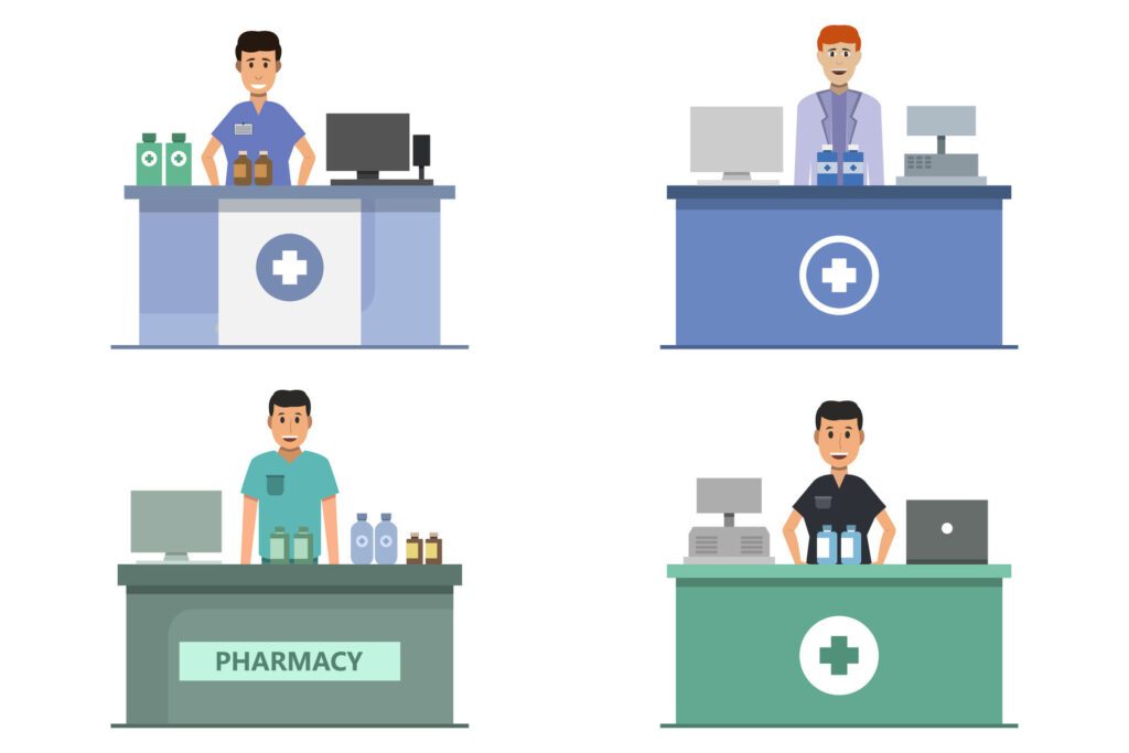 Pharmacy with pharmacist in counter on white background Free Vector