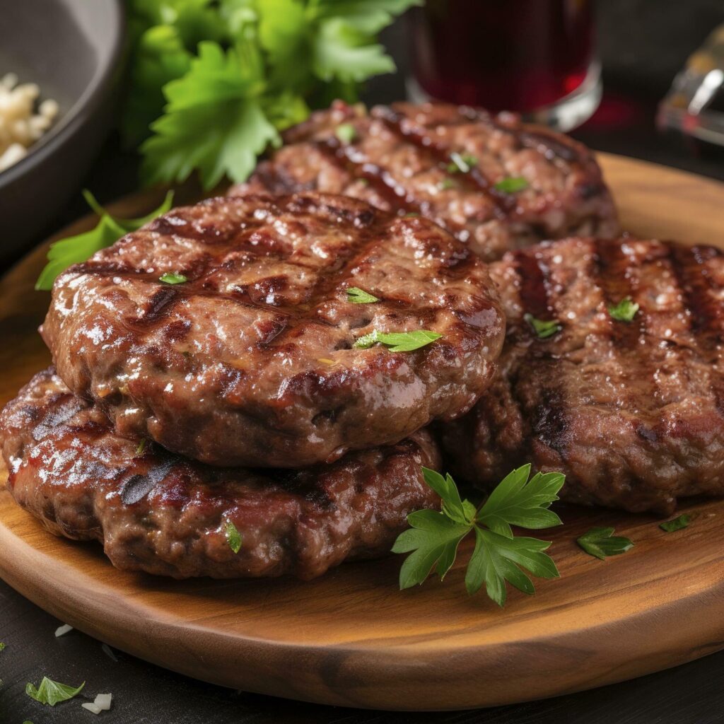 Tasty grilled hamburger patties with seasonings on wooden table, closeup, generate ai Free Photo