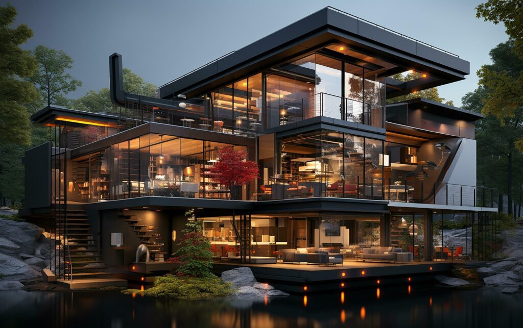 unique industrial architecture house in daylight, photo-realistic AI generative Stock Free