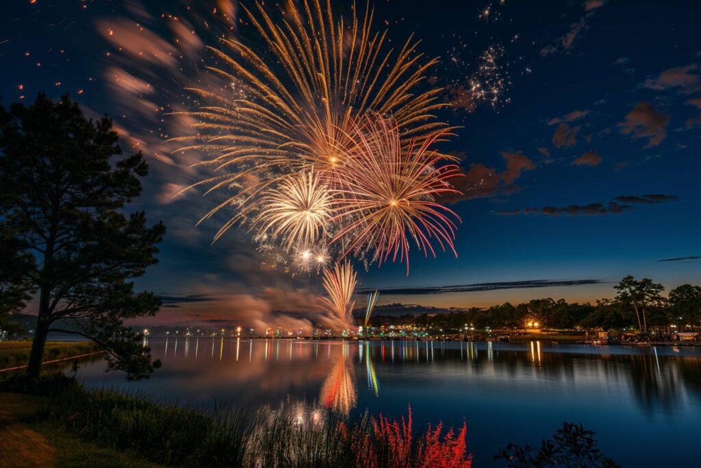 Independence Day Fireworks Over the Lake Stock Free