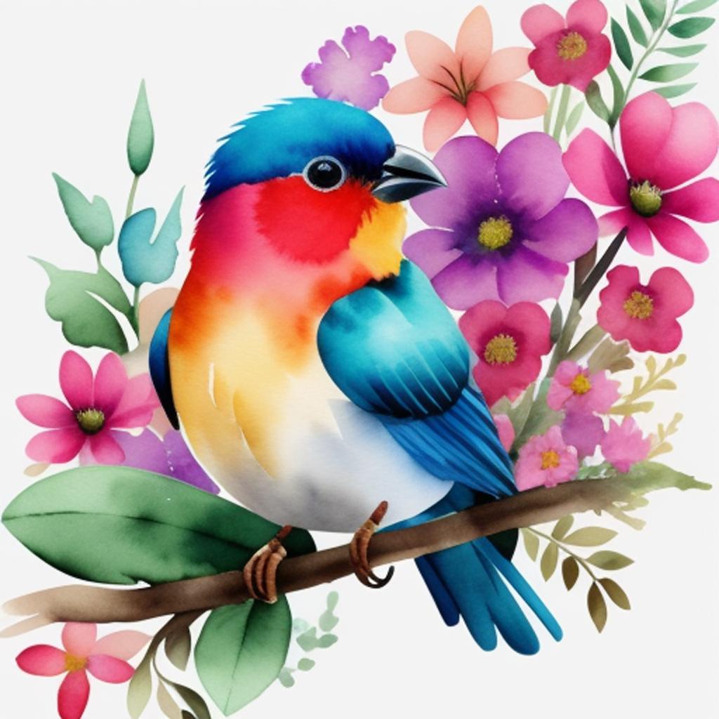 Multicolored bird, flowers by by @ai_generated