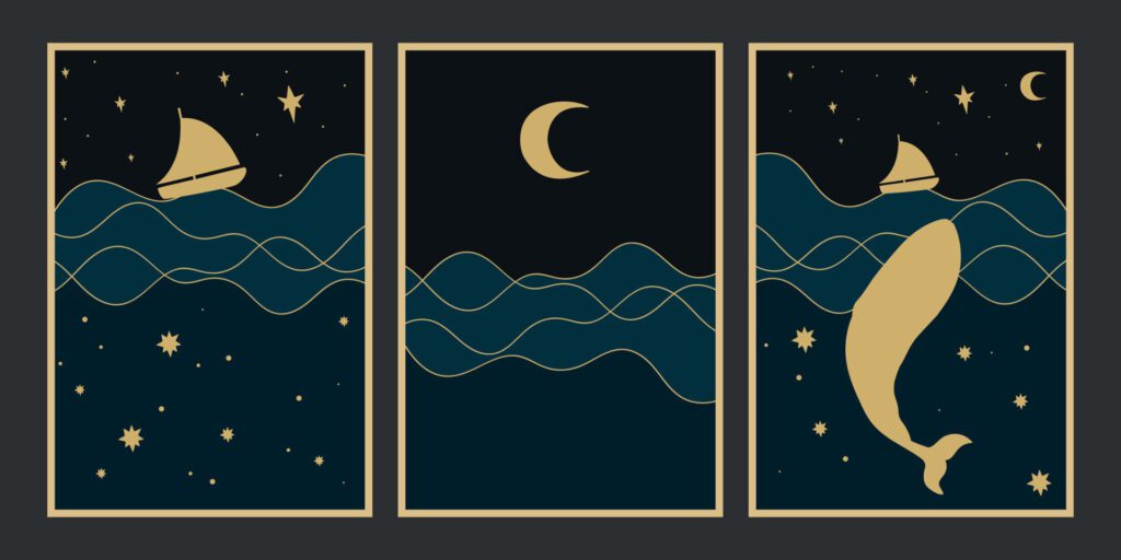 Set of illustrations of a night ocean. Minimalist background with midnight sky and ocean view and silhouettes of a ship and a whale. Vector art Free Vector