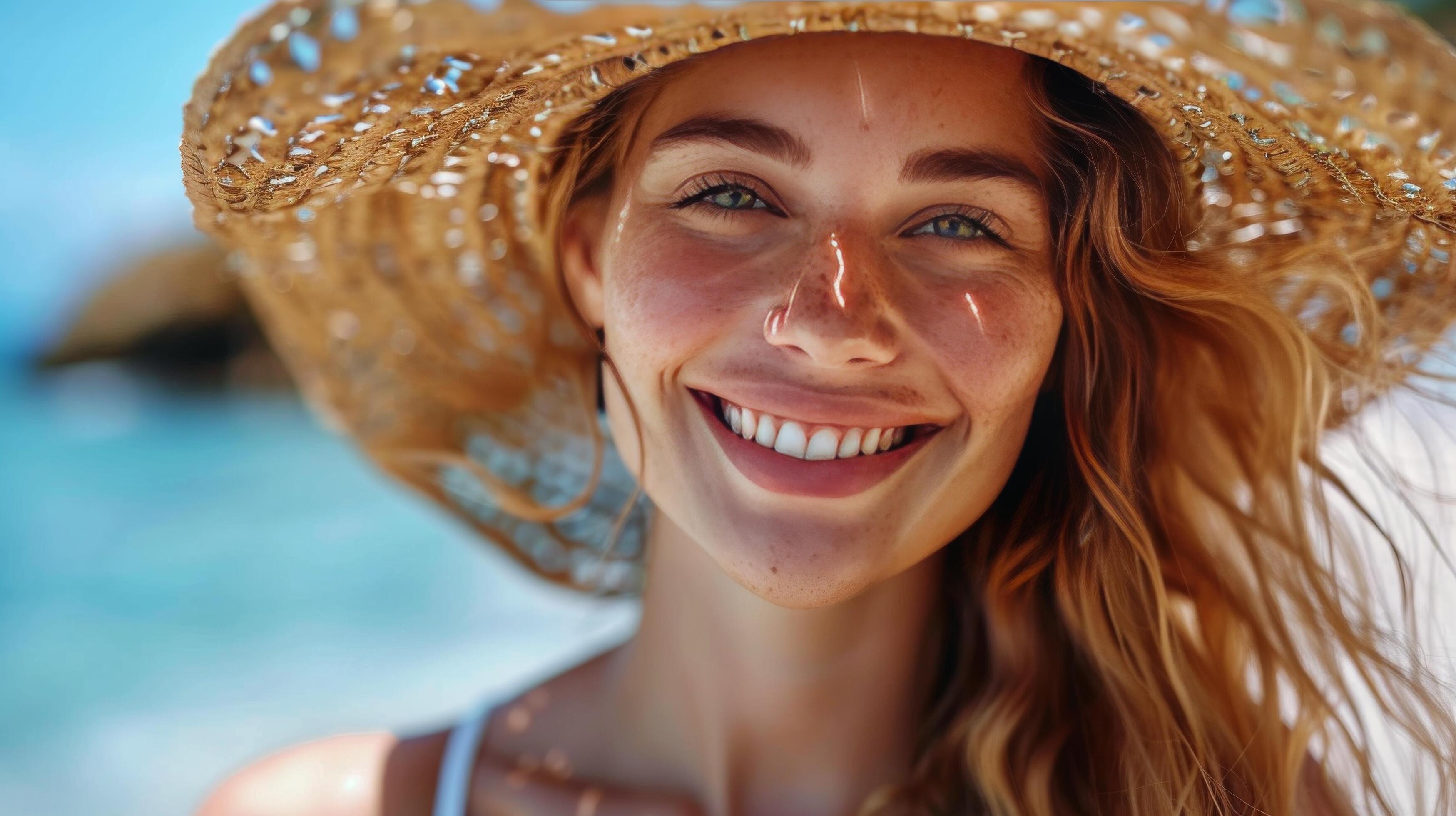 Woman in Straw Hat on Beach Stock Free