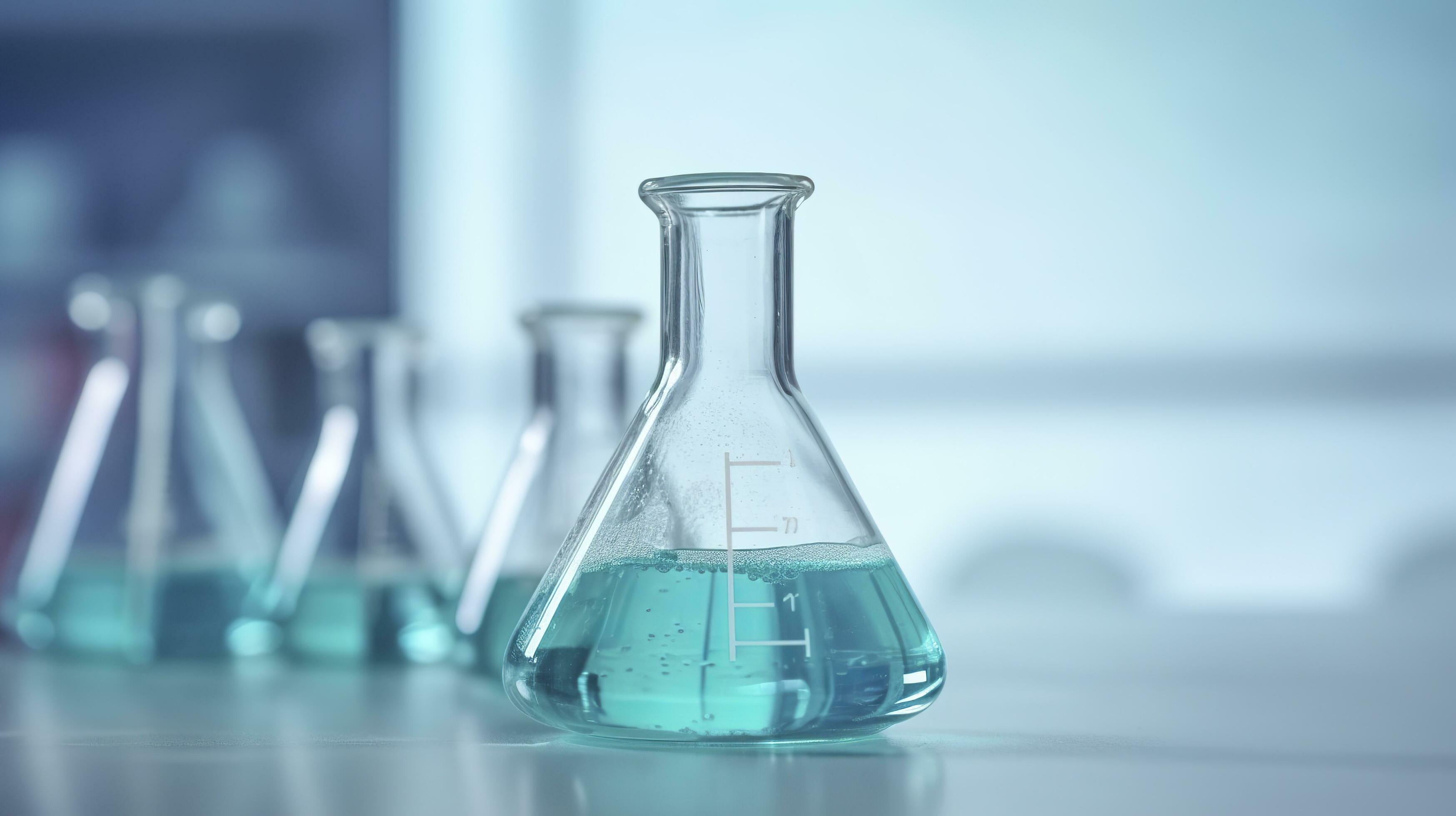 A Science Beaker in the laboratory on a table white and light blue background.. laboratory equipment out of focus. AI Generative Stock Free