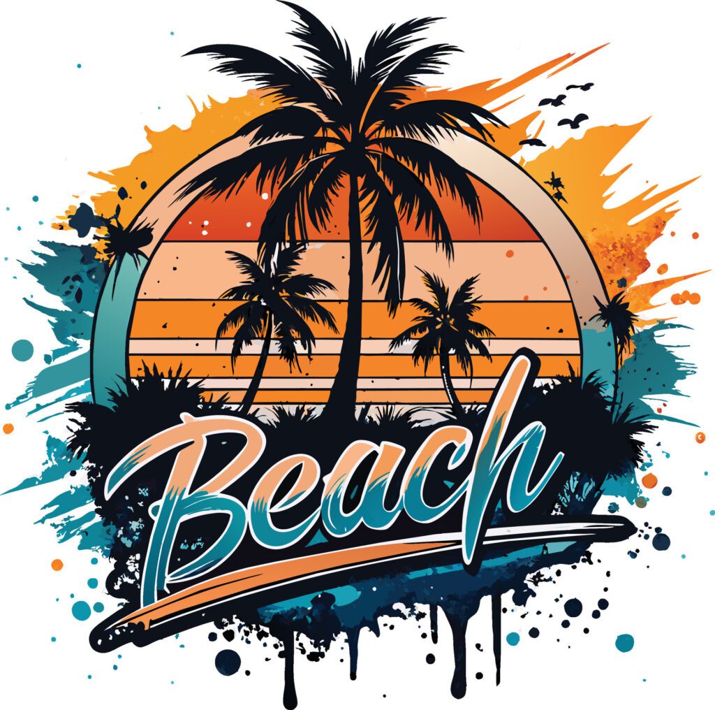 Tropical beach with palm trees and grunge background, illustration Free Vector