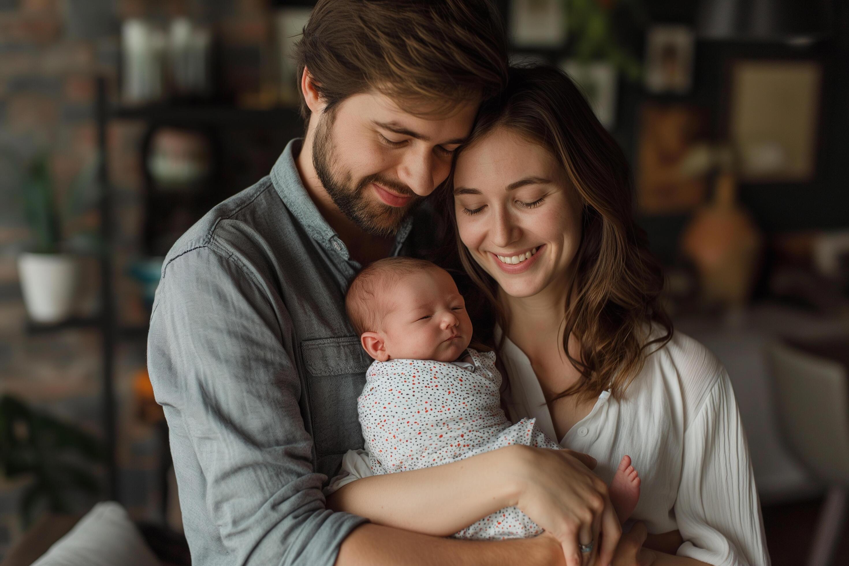 Tender family moment with new parents and their sleeping newborn Stock Free