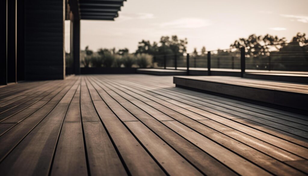 Wooden plank flooring leads to modern outdoor table in nature generated by AI Stock Free