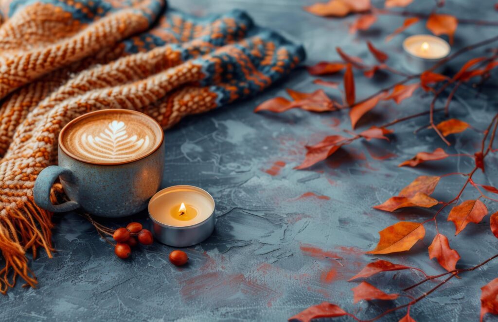 Cozy Autumn Scene With Candles and Knitted Blanket on Gray Background Stock Free