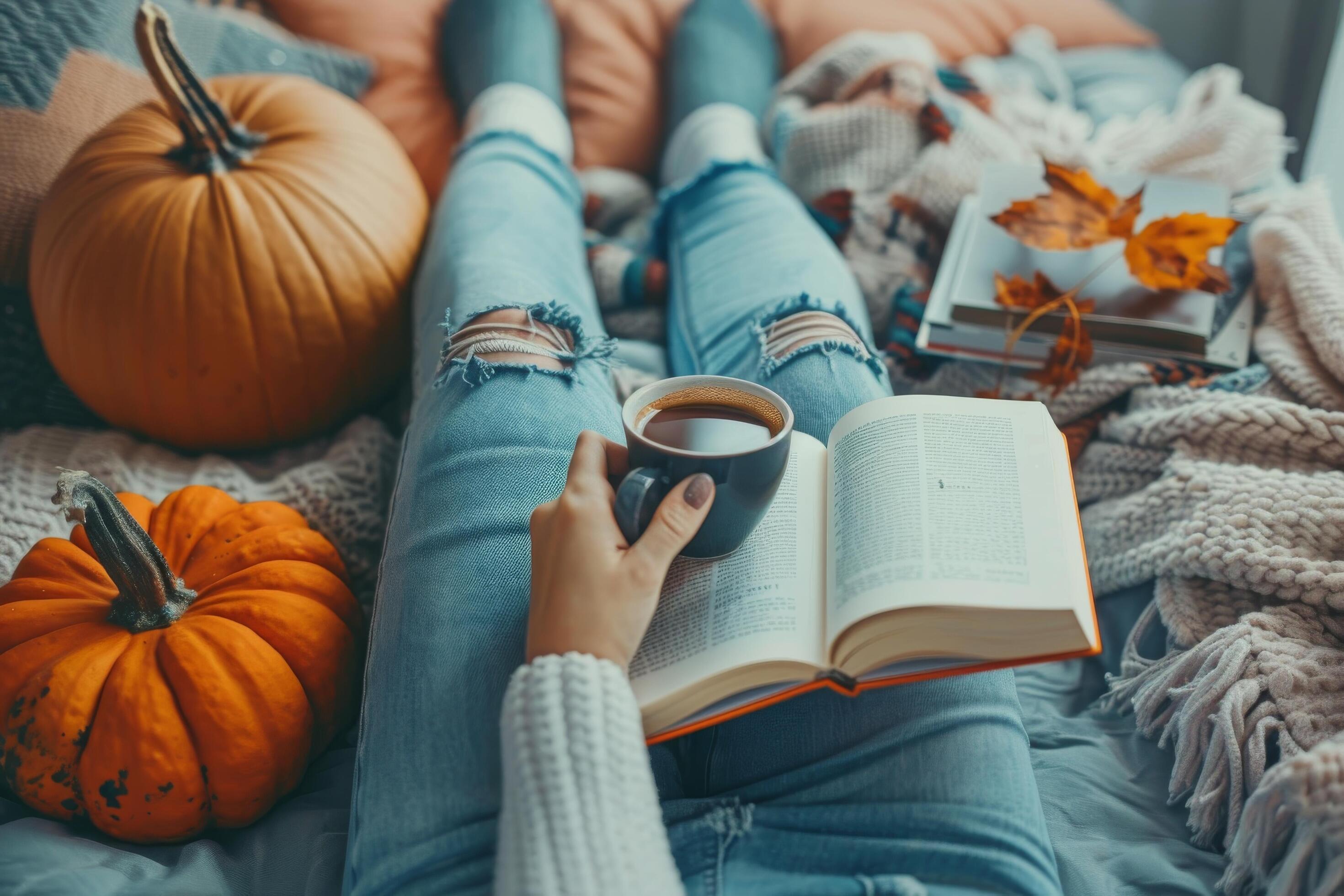 Cozy Autumn Day With a Cup of Coffee and a Pumpkin Stock Free