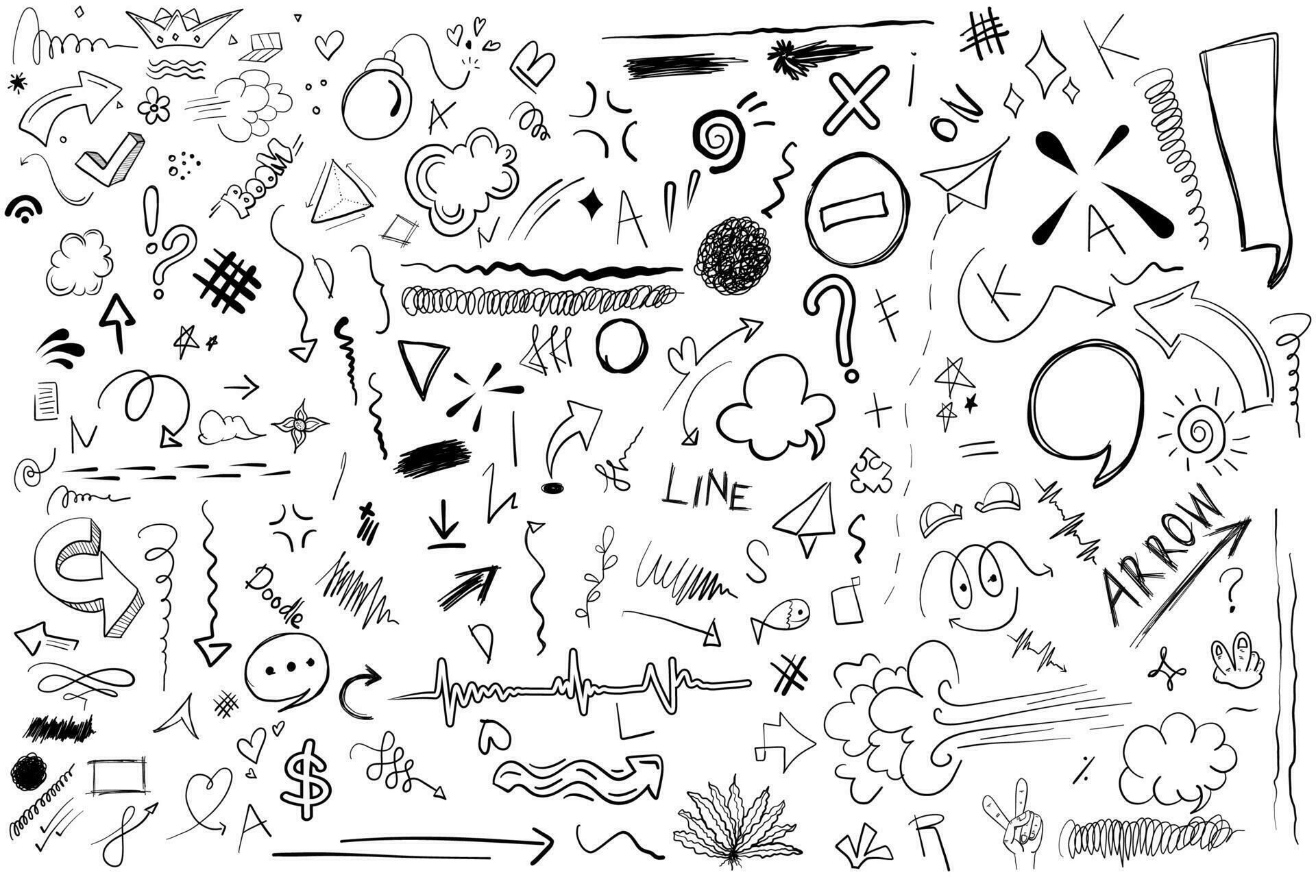 doodle set elements abstract arrows lines stars text bubbles and other hand drawn elements Stock Free