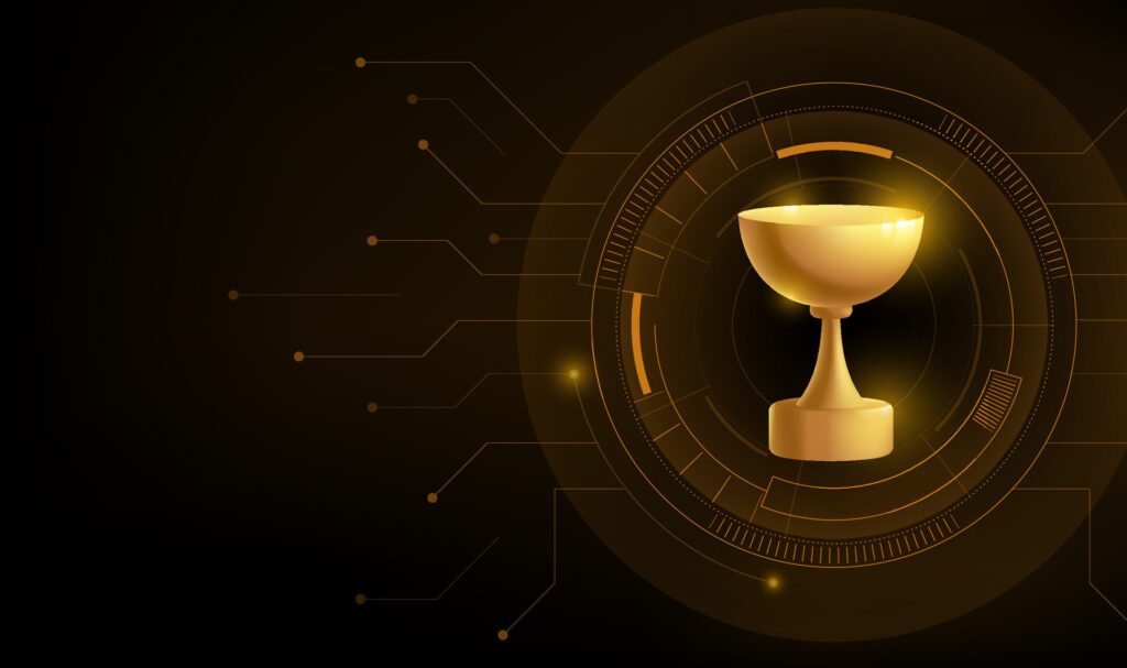 A gold trophy on a black background with a gold Hud circle in the middle Free Vector