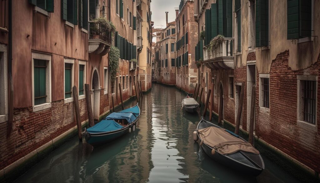 Gondolier fastening multi colored gondola to waterfront, illuminated by lanterns Stock Free