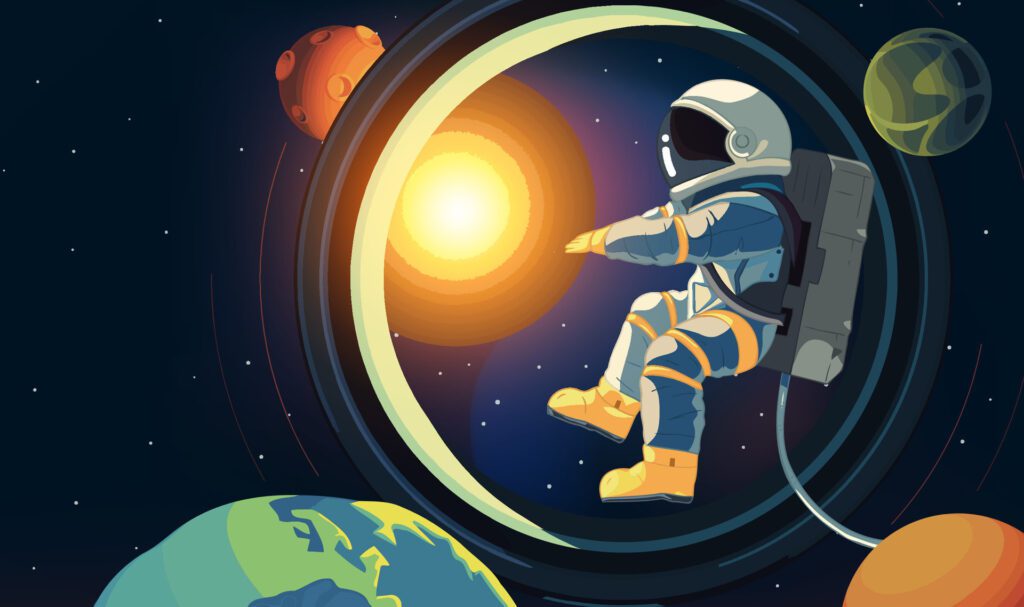 A horizontal illustration of astronauts exploring space with stars and planets in the background Free Vector