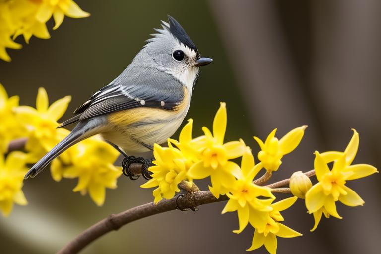 Mésange sur forsythia avec by @ai_generated