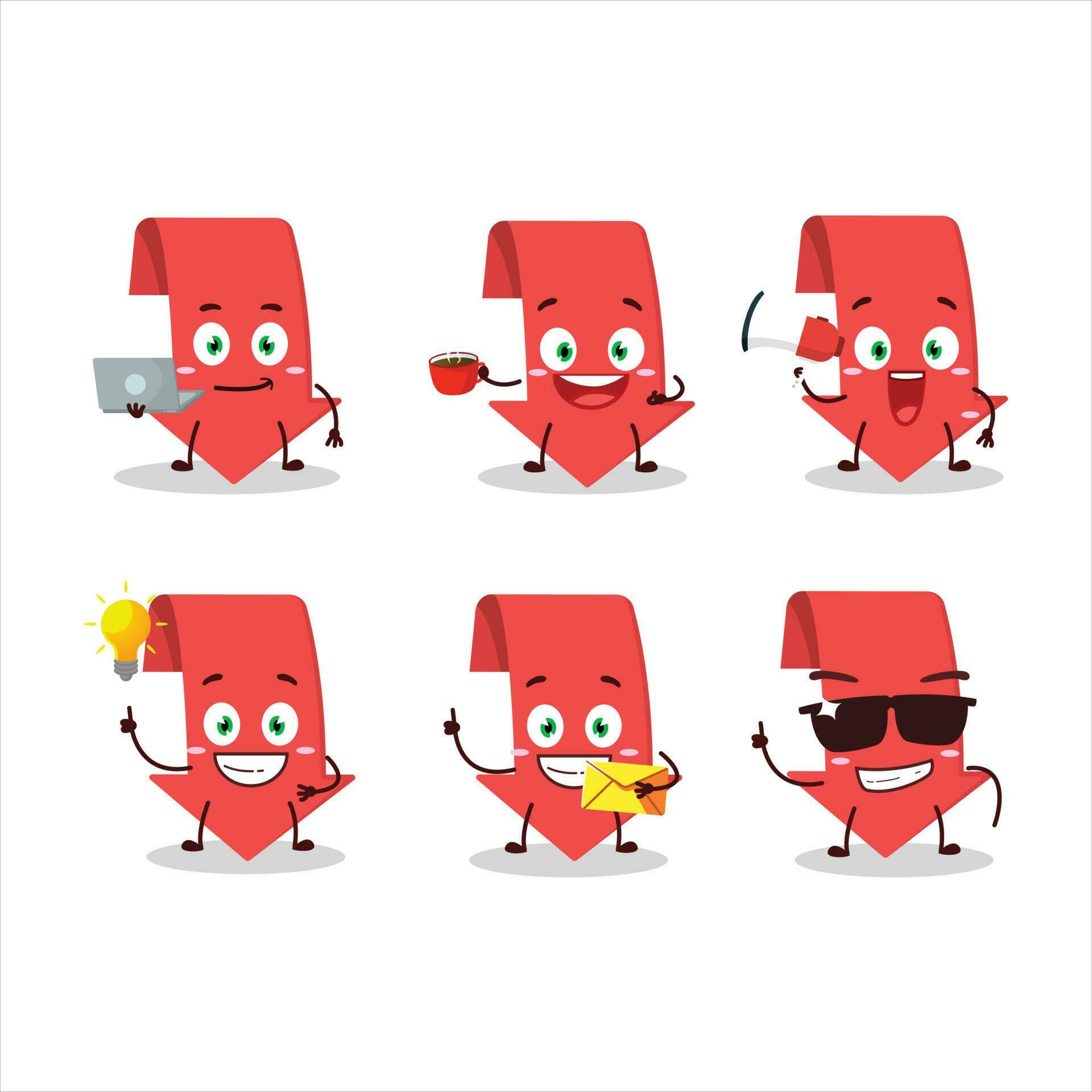 Arrow down cartoon character with various types of business emoticons Stock Free