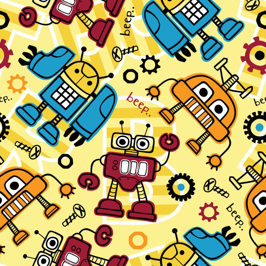 Seamless pattern vector of hand drawn robots cartoon Free Vector