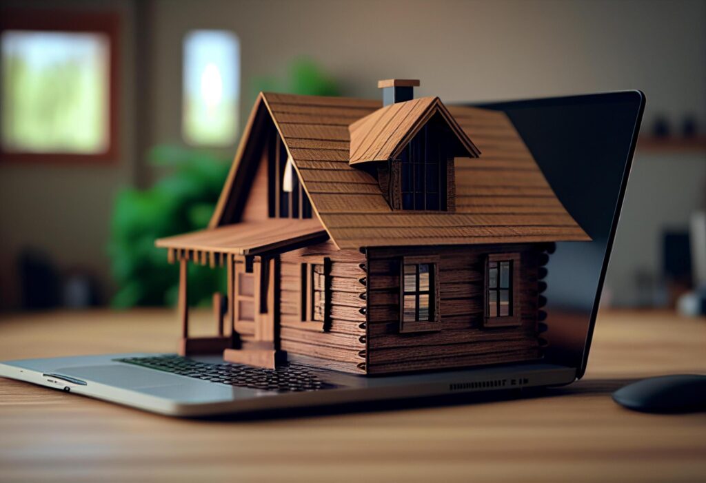 Real estate concept. Wooden house model on laptop screen. 3d illustration Stock Free