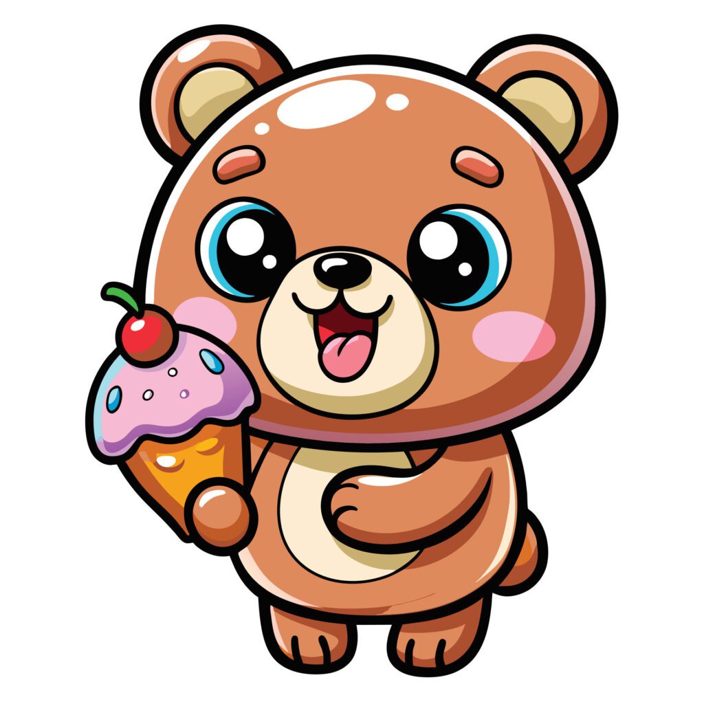 a cute kawaii bear eating ice cream, with clean black outlines, white background Free Vector