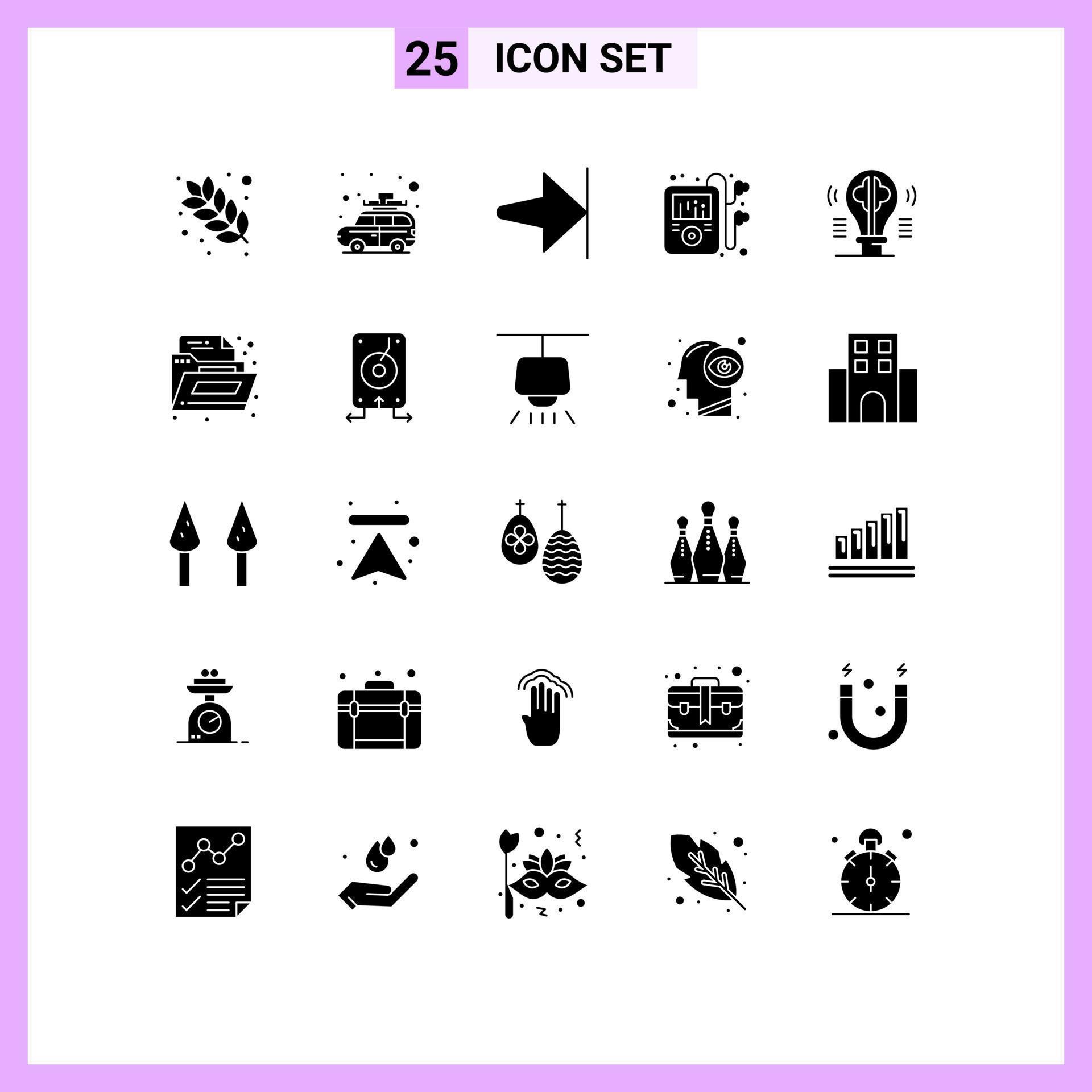 25 User Interface Solid Glyph Pack of modern Signs and Symbols of idea bulb arrow brain music Editable Vector Design Elements Stock Free