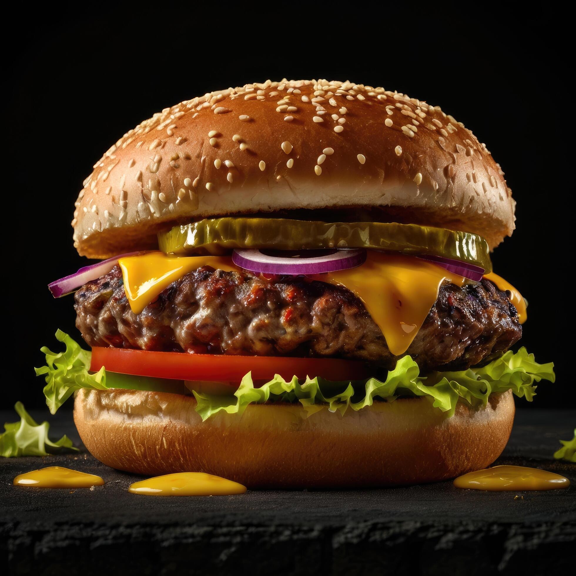 Cheese burger with bacon on black dark background Stock Free