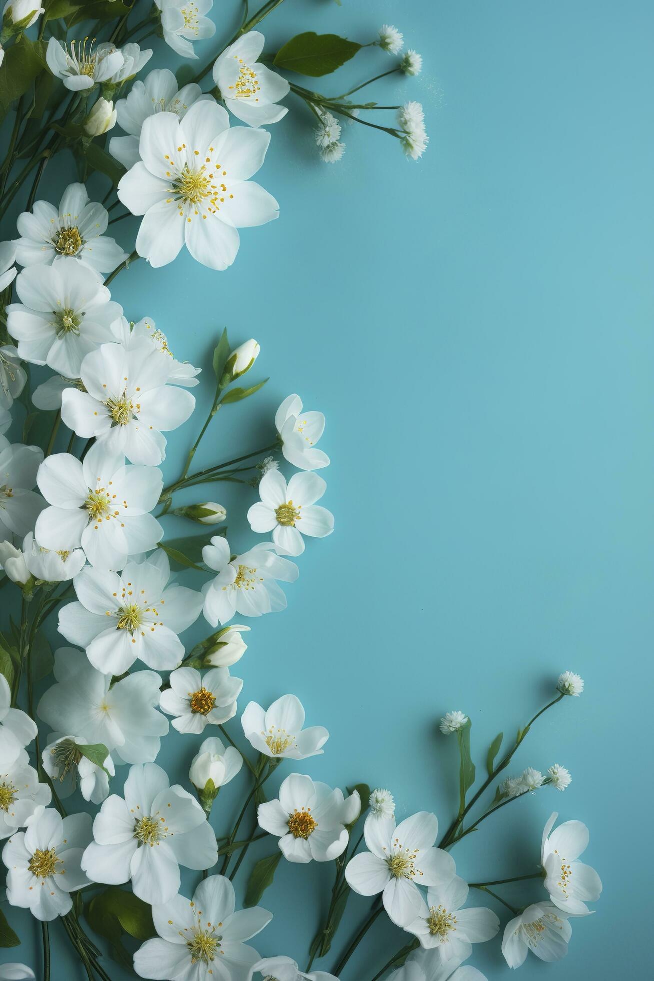 Beautiful spring border, blooming rose bush on a blue background. Flowering rose hips against the blue sky. Soft selective focus , generate ai Stock Free