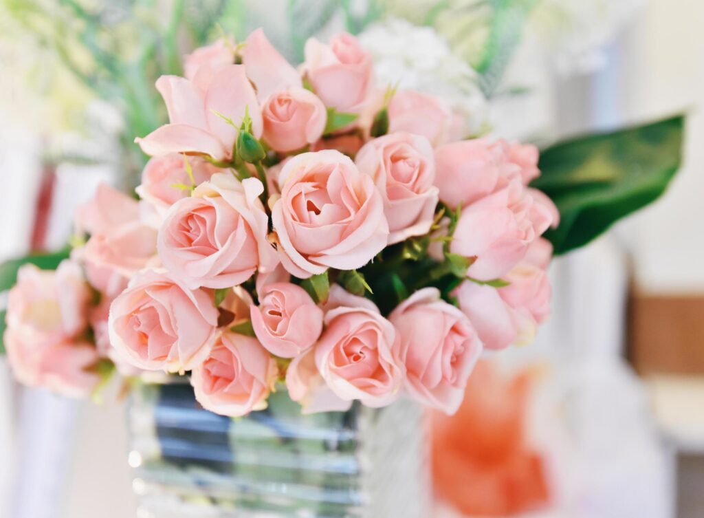 pink rose flower soft color pink roses blooming spring bouquet on table blur background Stock Free