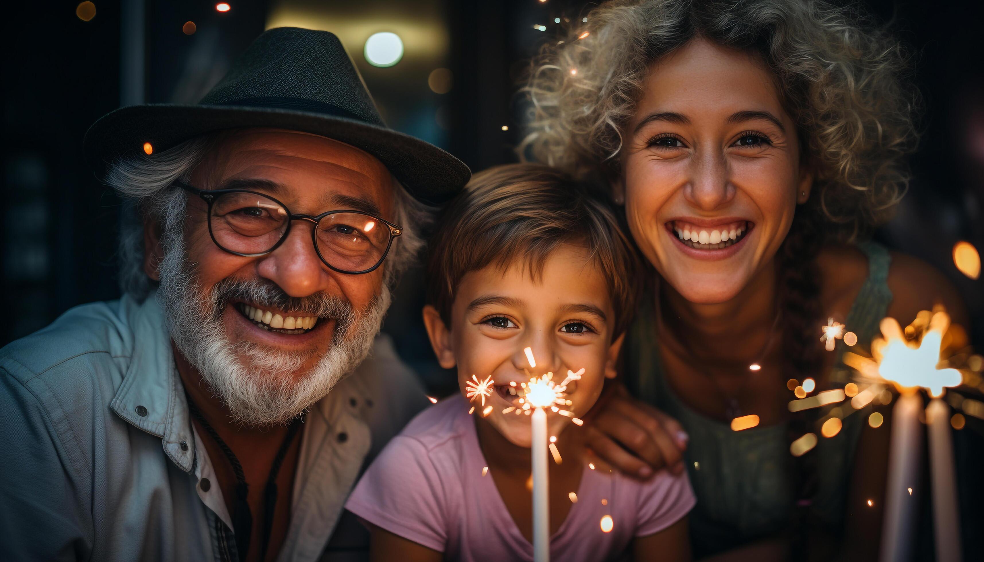 AI generated A happy family celebrates together, smiling and looking at camera generated by AI Stock Free