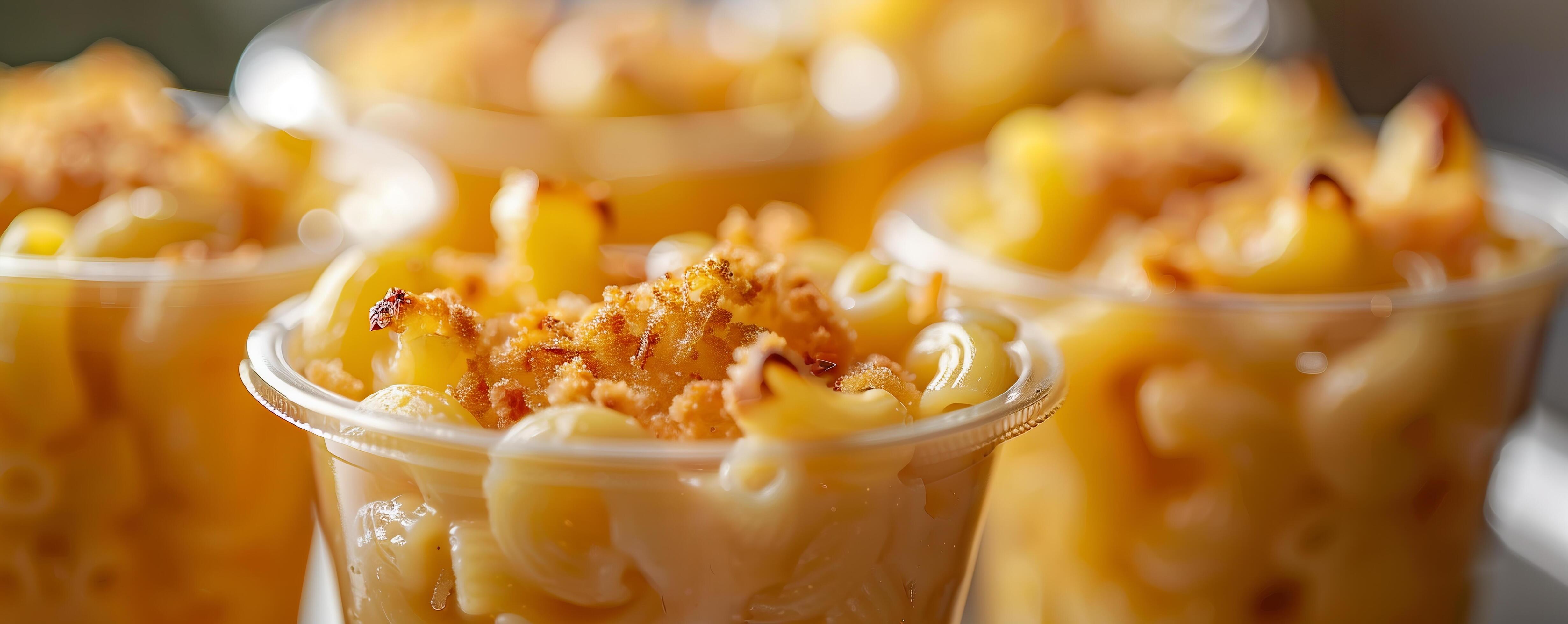 Cheesy macaroni and cheese served in individual portion cups. Stock Free