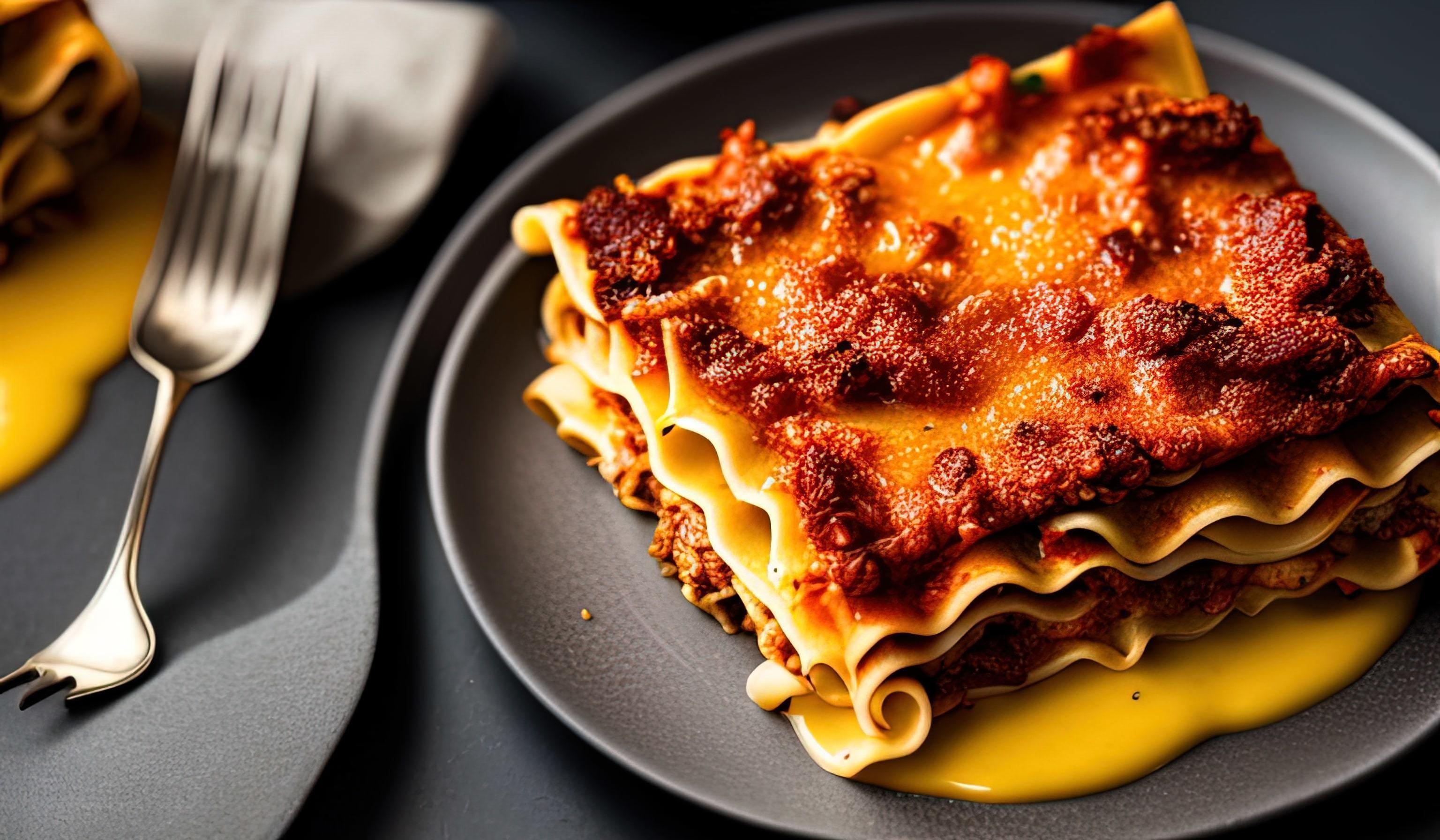 professional food photography close up of a Plate of lasagna on a dark gray background Stock Free