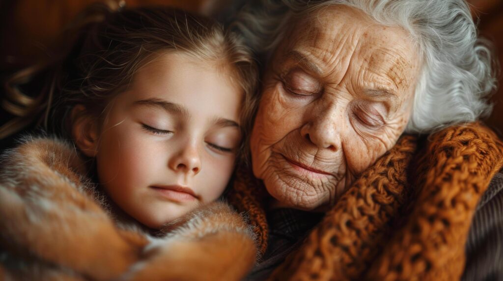 Caucasian elderly senior paternal grandmother and granddaughter teenage is relaxing and sleeping at home together. AI-Generated Free Photo