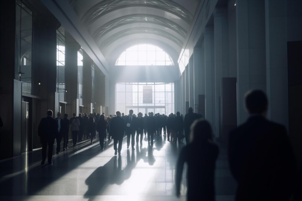 Bustling Conference Hall Waiting Area and Entrance Hall with Blurred Businesspeople Coming and Going in Bright Ambience Stock Free