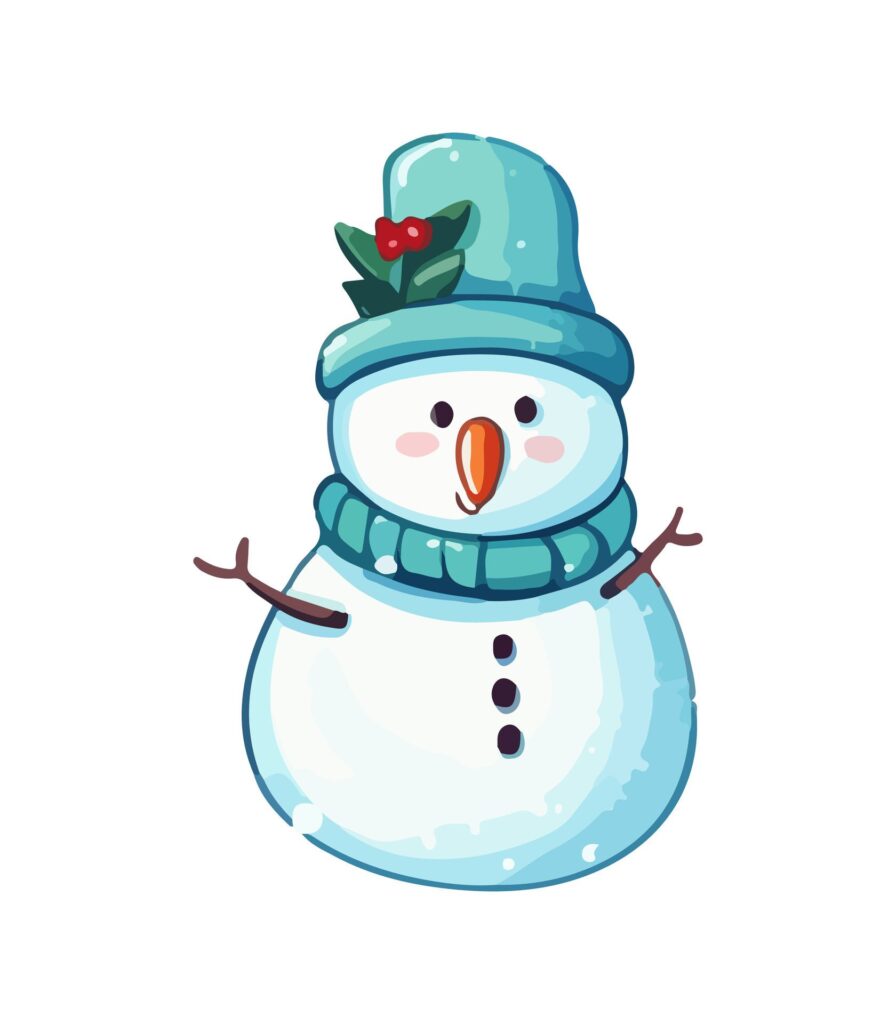 Snowman with a scarf, gloves and hat isolated in a white background in cartoon watercolor style. Free Vector