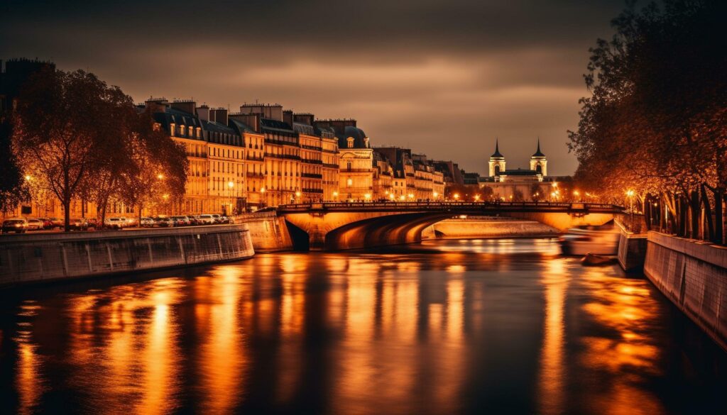 Illuminated city skyline reflects on the water generated by AI Stock Free