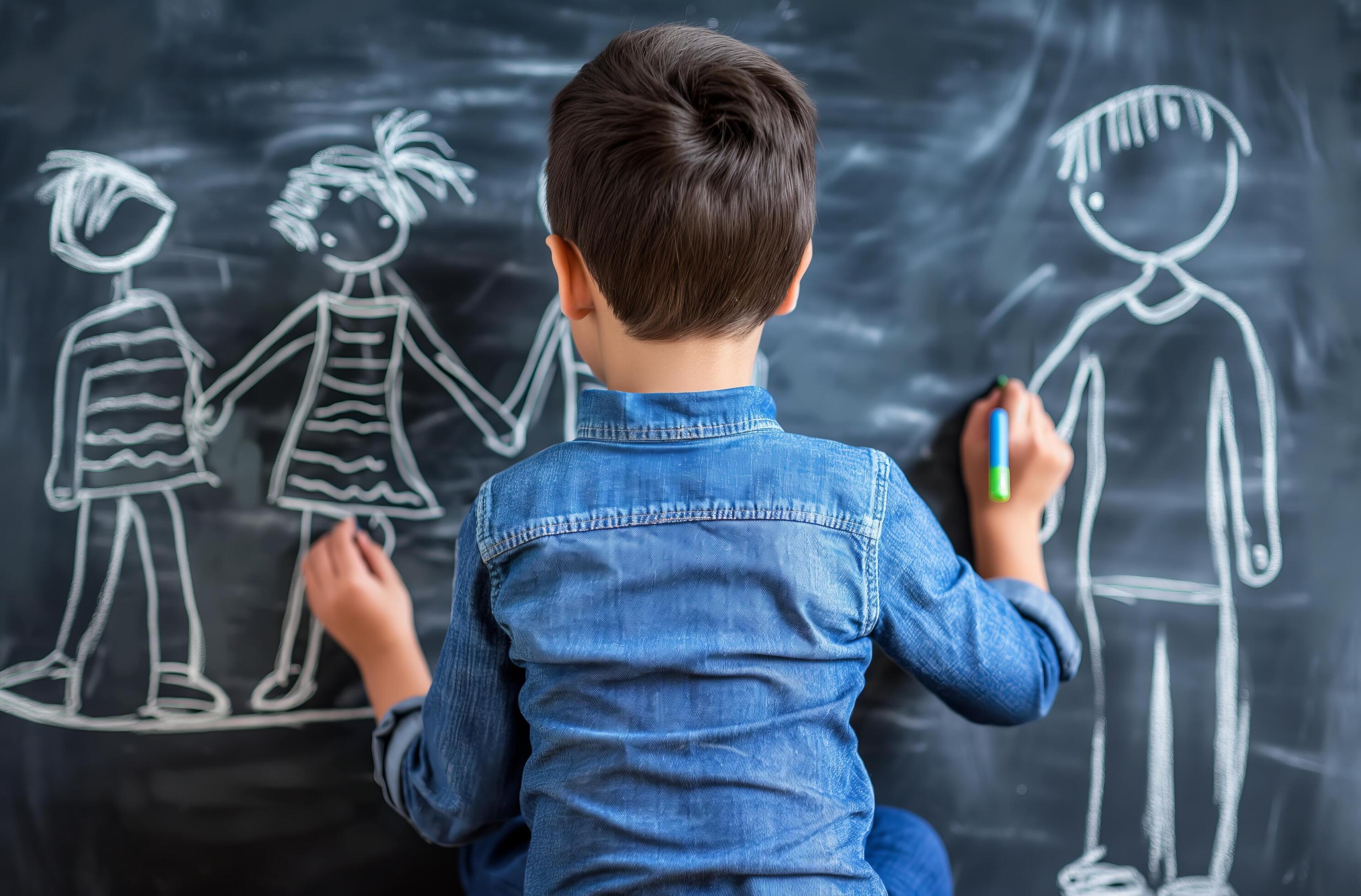 AI generated Boy drawing family on chalkboard Stock Free