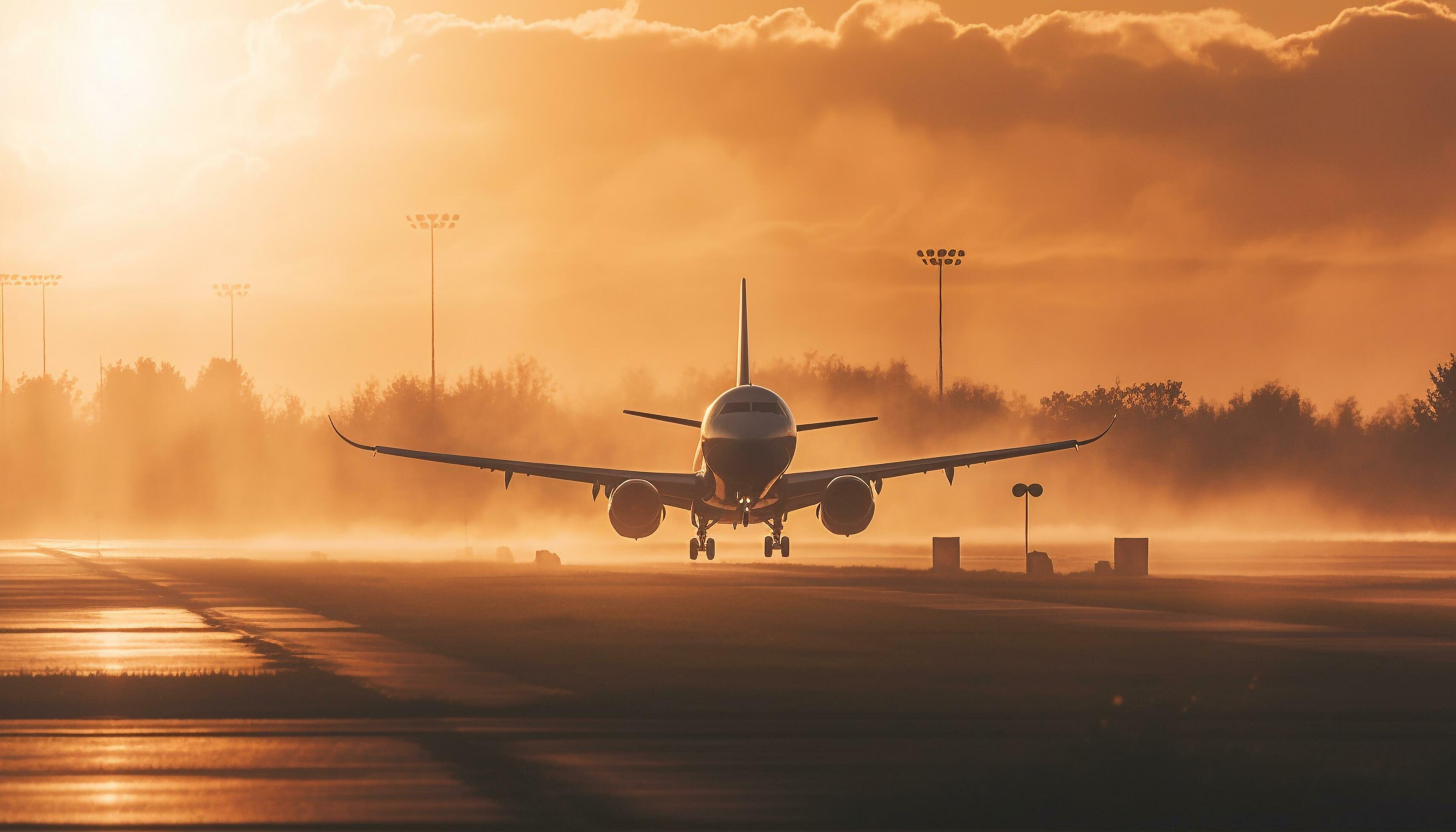 Silhouette of commercial airplane taking off at sunset, transporting passengers generated by AI Stock Free