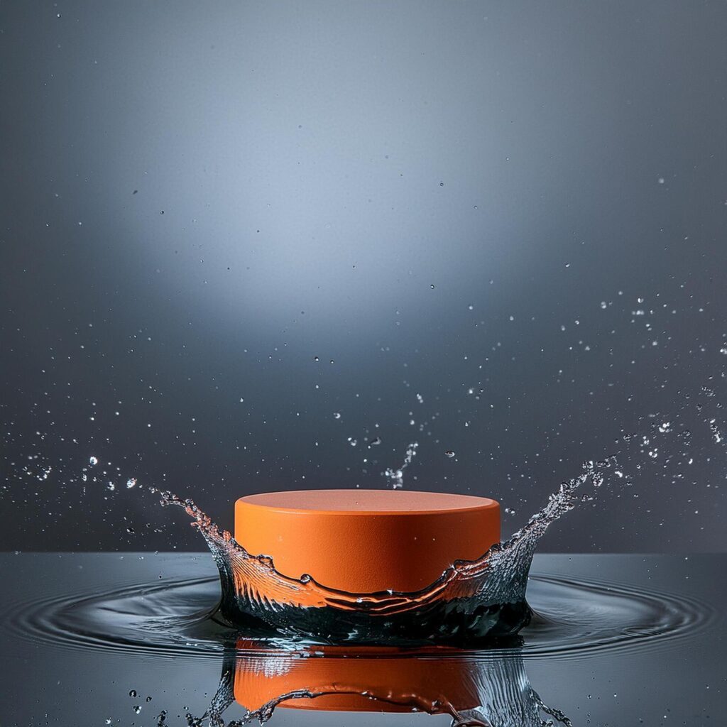 empty orange podium mockup with water splash on a gradient background for product display Stock Free