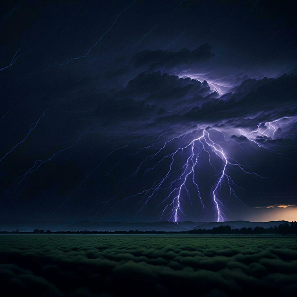 Dark cloudy lightning at night over a natural landscape. Stock Free