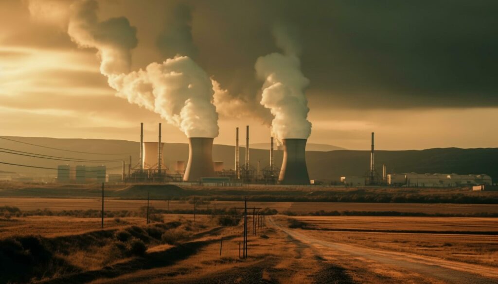 Smokestacks belching fumes pollute the environment and harm nature generated by AI Stock Free