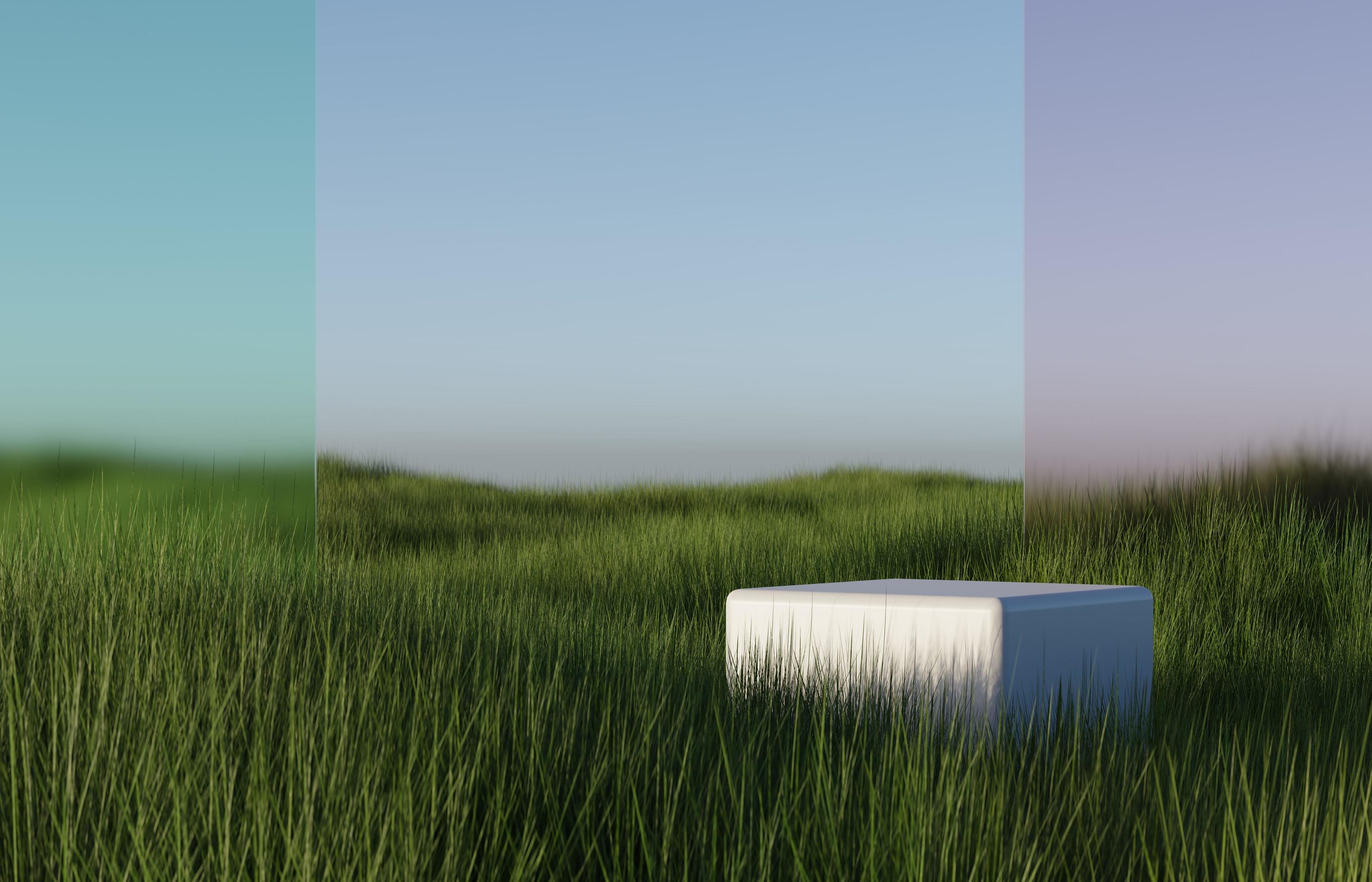 Podium on natural grass or weed field 3D render illustration Stock Free