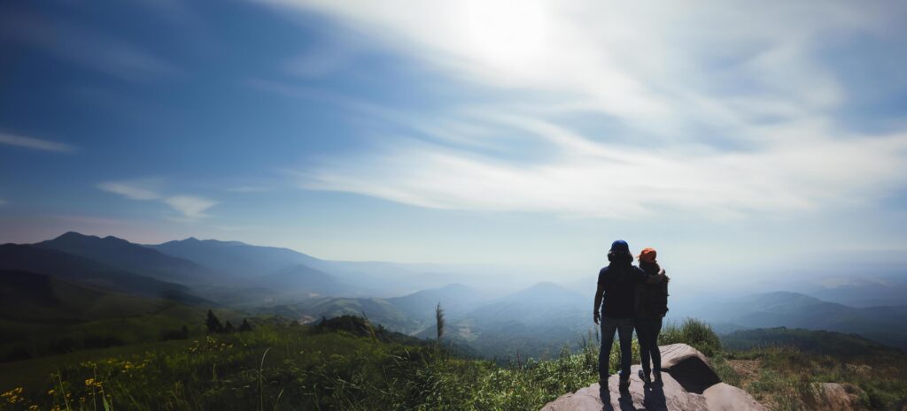 Lover women and men asians travel relax in the holiday. Stand up landscape on the Moutain. Mountain Park happily. In Thailand Stock Free