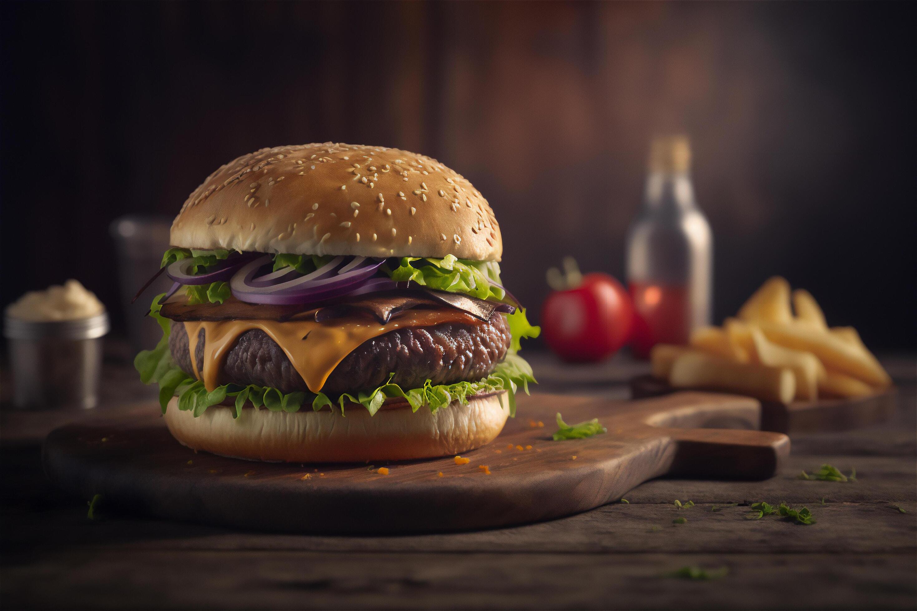 Tasty homemade hamburger on rustic wooden table. Copy space. Advertising. . Fast food snack Stock Free