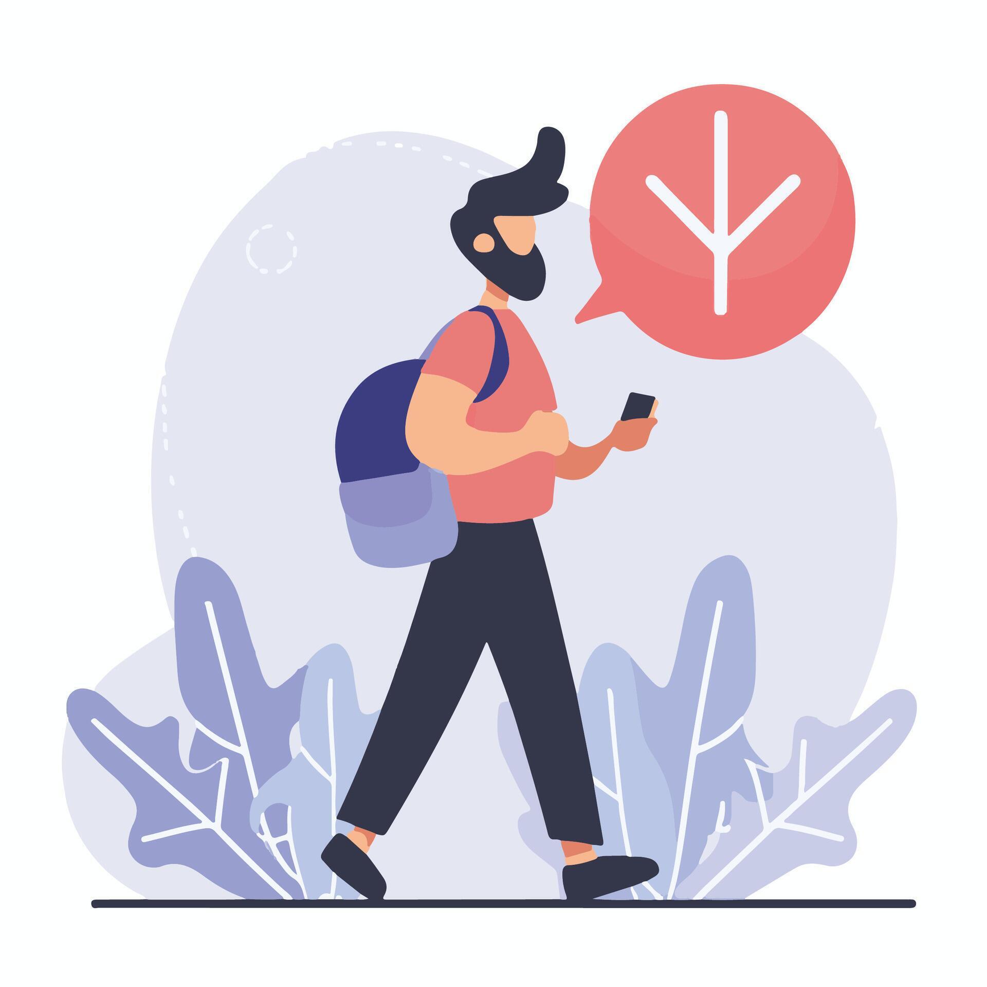 man with backpack and phone walking with arrow icon vector illustration Stock Free